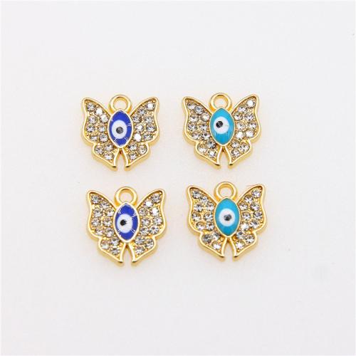 Evil Eye Pendants, Tibetan Style, Butterfly, gold color plated, DIY & enamel & with rhinestone, more colors for choice, nickel, lead & cadmium free, 14x15x3mm, 100PCs/Bag, Sold By Bag