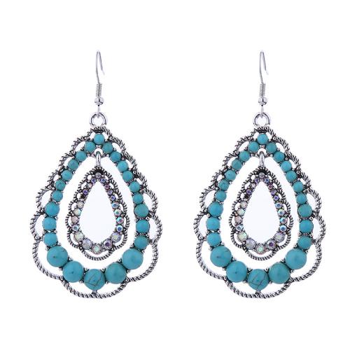 Boucle d'oreille turquoise, alliage de zinc, avec turquoise, larme, pour femme & avec strass & creux, bleu, Vendu par paire