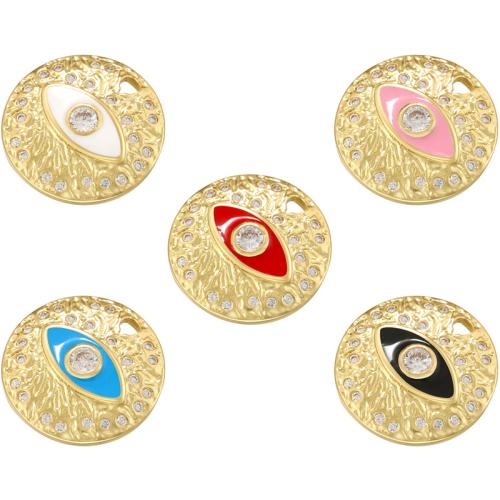 Evil Eye Pendants, Brass, Round, gold color plated, DIY & micro pave cubic zirconia & enamel, more colors for choice, Sold By PC