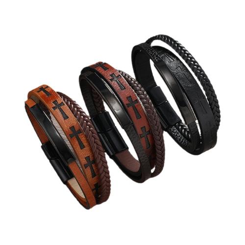 Bracelets cordon PU, cuir PU, avec 201 acier inoxydable, fait à la main, trois couches & bijoux de mode & pour homme, plus de couleurs à choisir, Vendu par PC