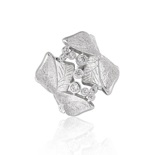 Argent sterling 925 Cuff Bague, feuille, Plaqué de platine, pavé de micro zircon & pour femme, Taille:7, Vendu par PC