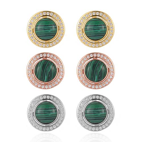 925 Sterling Silver Stud Earring, with Malachite, Round, for woman & with rhinestone, more colors for choice, 14mm, Sold By Pair