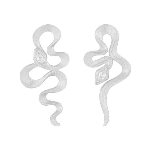 925 Sterling Silver Stud Earring, Snake, platinum plated, micro pave cubic zirconia & for woman, 14x30mm, Sold By Pair