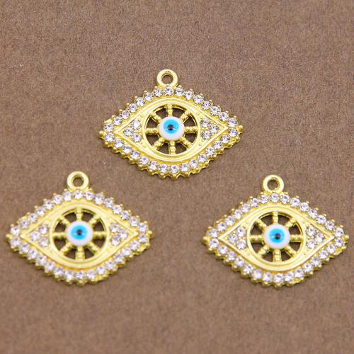 Evil Eye Pendants, Tibetan Style, gold color plated, DIY & with rhinestone, golden, nickel, lead & cadmium free, 21x27x3mm, 100PCs/Bag, Sold By Bag