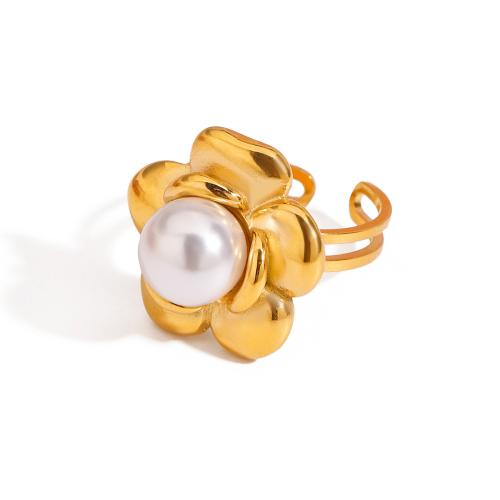 Stainless Steel Finger Ring, 304 Stainless Steel, with Plastic Pearl, gold color plated, fashion jewelry, golden, Sold By PC