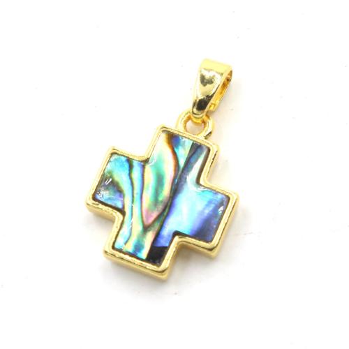 Pendentifs d'ormeau coquillage naturel, alliage de zinc, avec coquille d'ormeau & laiton, croix, Placage de couleur d'or, DIY, plus de couleurs à choisir, protéger l'environnement, sans nickel, plomb et cadmium, 13x16mm, Vendu par PC