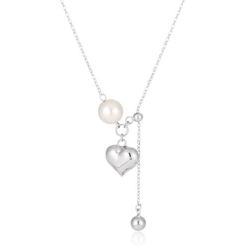 925 Sterling Silver Necklace, with Shell Pearl, with 2inch extender chain, Heart, platinum plated, cross chain & for woman, Length:Approx 17.7 Inch, Sold By PC