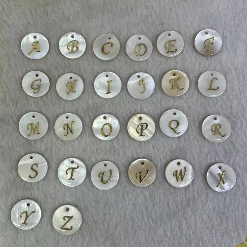 Shell Pendants, Freshwater Shell, Flat Round, letters are from A to Z & DIY & gold accent, more colors for choice, 15mm, Sold By Bag