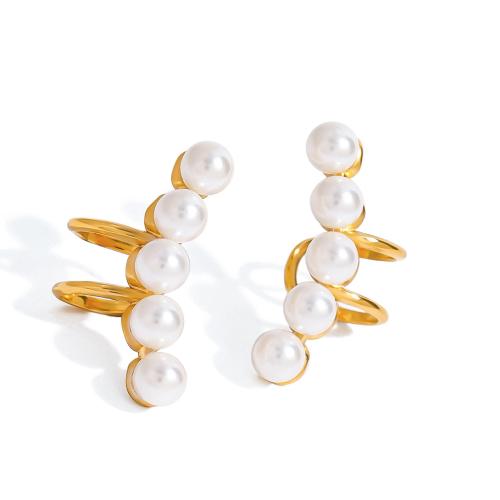 Titanium Steel Earring Clip, with Plastic Pearl, gold color plated, for woman, Sold By Pair