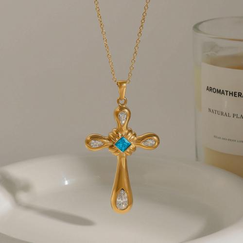 Collier de bijoux en acier inoxydable, Acier inoxydable 304, avec verre, croix, Placage de couleur d'or, pour femme & avec strass, Vendu par PC