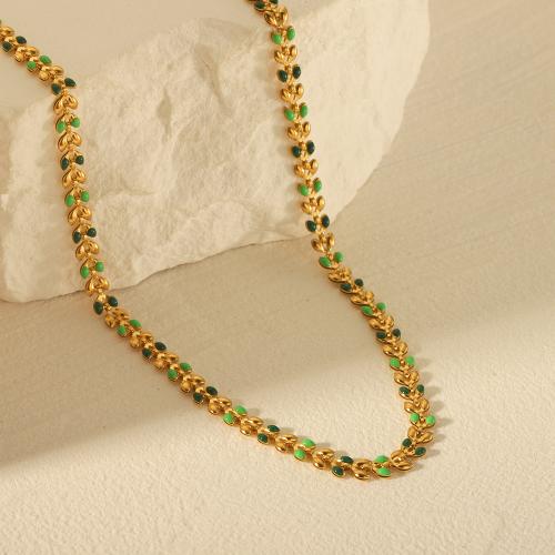 Stainless Steel Chain Necklace, 304 Stainless Steel, Leaf, gold color plated, for woman & enamel, Sold By PC