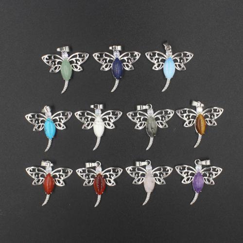 Gemstone Pendants Jewelry, Brass, with Natural Stone, Dragonfly, plated, DIY & different materials for choice, more colors for choice, nickel, lead & cadmium free, 31x30x6mm, Sold By PC