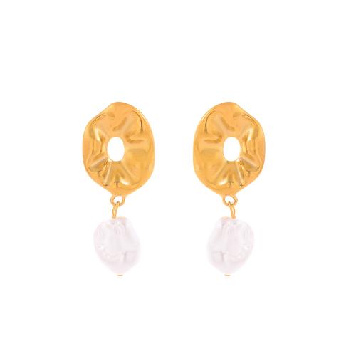 Stainless Steel Drop Earring, 304 Stainless Steel, with Plastic Pearl, plated, fashion jewelry & for woman & hollow, golden, Sold By PC