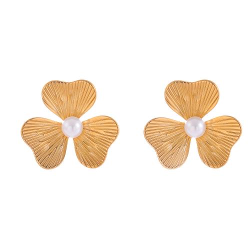 Stainless Steel Stud Earrings, 304 Stainless Steel, with Plastic Pearl, Three Leaf Clover, plated, fashion jewelry & for woman, golden, Sold By Pair