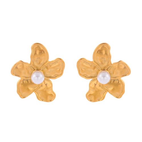 Stainless Steel Stud Earrings, 304 Stainless Steel, with Plastic Pearl, Flower, plated, fashion jewelry & for woman, golden, Sold By Pair