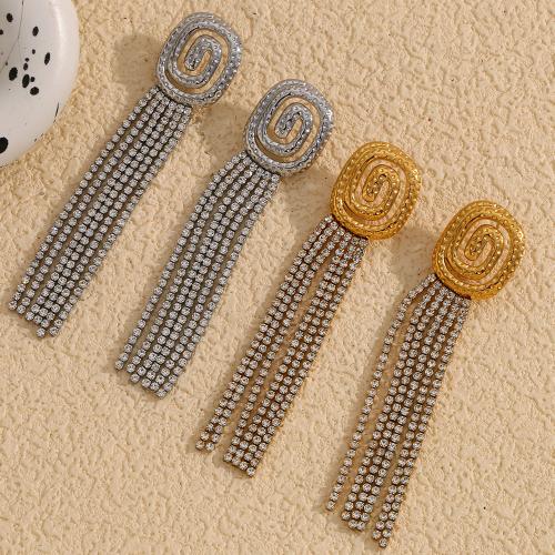 Fashion Fringe Earrings, 304 Stainless Steel, plated, for woman & with rhinestone & hollow, more colors for choice, Sold By Pair