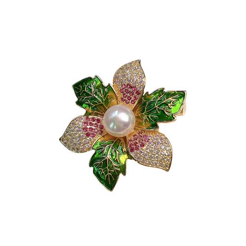 Plastic Pearl Brooch, Tibetan Style, with Plastic Pearl, Flower, gold color plated, for woman & enamel & with rhinestone, 40mm, Sold By PC