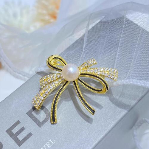 Plastic Pearl Brooch, Tibetan Style, with Plastic Pearl, Bowknot, gold color plated, for woman & with rhinestone, 45mm, Sold By PC