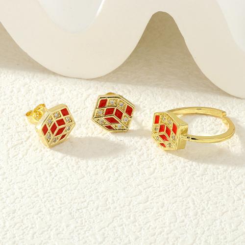 Micro cúbicos Circonia allanar sistemas de la joyería de cobre amarillo, Pendiente de stud & anillo de dedo, metal, chapado en color dorado, diferentes estilos para la opción & micro arcilla de zirconia cúbica & para mujer & esmalte, más colores para la opción, libre de níquel, plomo & cadmio, Vendido por UD