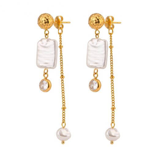 Stainless Steel Drop Earring, 304 Stainless Steel, with Plastic Pearl, gold color plated, for woman & with rhinestone, Sold By Pair