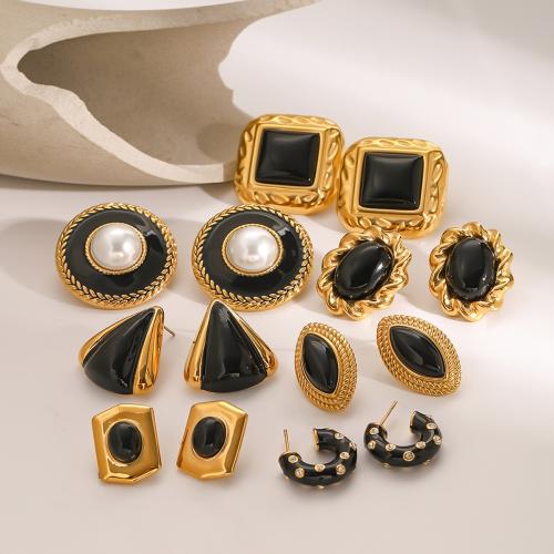 Pendientes de Acero Inoxidable, acero inoxidable 304, con Perlas plásticas, chapado en color dorado, diferentes estilos para la opción & para mujer & esmalte & con diamantes de imitación, más colores para la opción, Vendido por Par