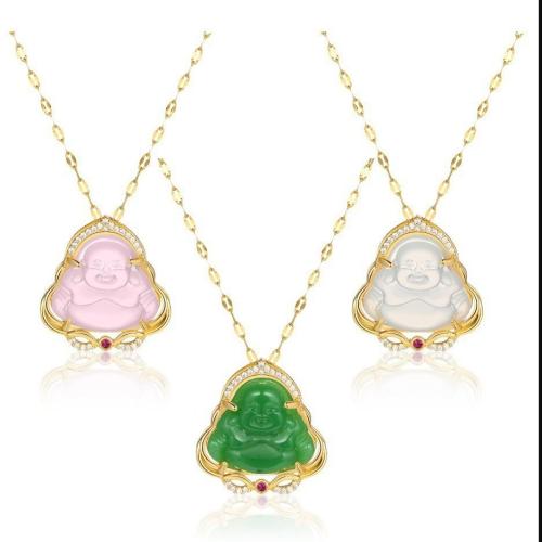 Stainless Steel Jewelry Necklace, 304 Stainless Steel, with Gemstone, Buddha, Vacuum Ion Plating, micro pave cubic zirconia & for woman, more colors for choice, Sold By PC