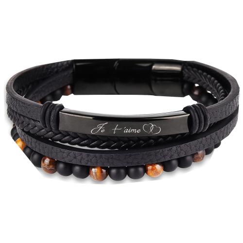 oeil de tigre bracelet, avec Abrazine Stone & cuir PU & Acier inoxydable 304, fait à la main, multicouche & unisexe & styles différents pour le choix & avec le motif de lettre, Longueur:Environ 7-9 pouce, Vendu par PC