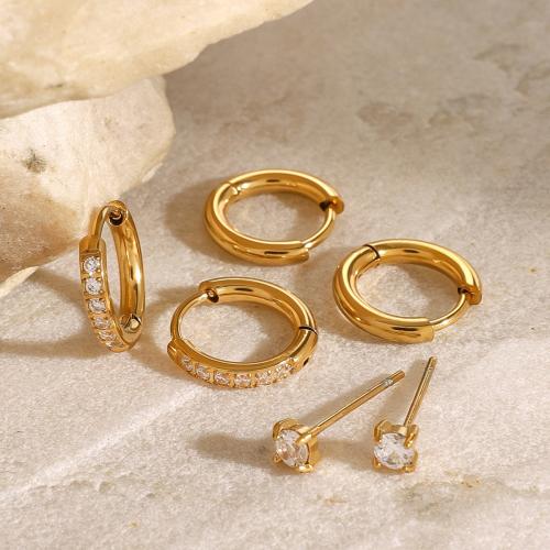 Stainless Steel Huggie Hoop Earring, 304 Stainless Steel, gold color plated, for woman & with rhinestone, Sold By Set