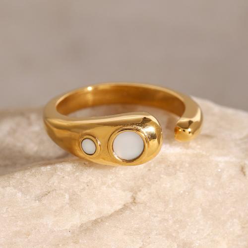 Stainless Steel Finger Ring, 304 Stainless Steel, with Pearl Oyster, gold color plated, for woman, Sold By PC