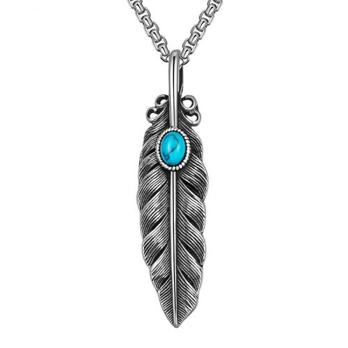 Stainless Steel Jewelry Necklace, 304 Stainless Steel, with turquoise, Leaf, Antique finish, fashion jewelry & Unisex, original color, Sold By PC