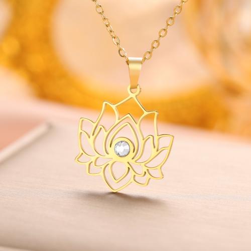 Stainless Steel Jewelry Necklace, 304 Stainless Steel, Lotus, Vacuum Ion Plating, for woman & with rhinestone, more colors for choice, 10PCs/Bag, Sold By Bag