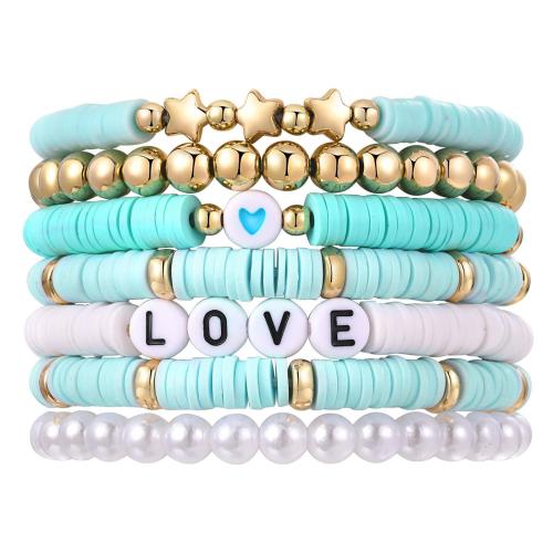 argile de polymère Set de bracelet, avec résine & perle de plastique & alliage de zinc, fait à la main, multicouche & unisexe & avec le motif de lettre, plus de couleurs à choisir, Longueur:Environ 6-8 pouce, Vendu par fixé