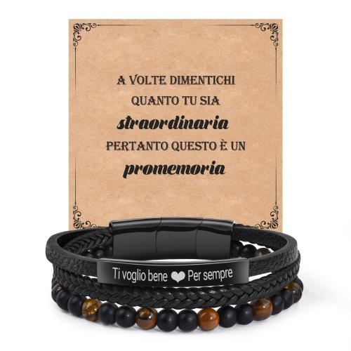 PU Leather Bracelet Set, with Abrazine Stone & Tiger Eye & 304 Stainless Steel, three layers & different styles for choice & with letter pattern & for man, Length:Approx 7-9 Inch, Sold By Set