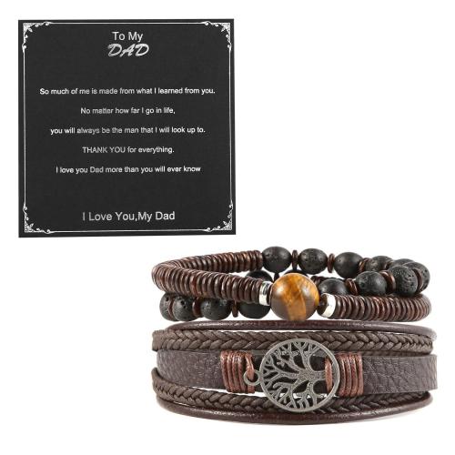 Cuero de PU Pulsera, con lava & Ojo de tigre, Árbol de la vida, hecho a mano, multicapa & diferentes materiales para la opción & diferentes estilos para la opción & para hombre, longitud:aproximado 7-9 Inch, Vendido por Set