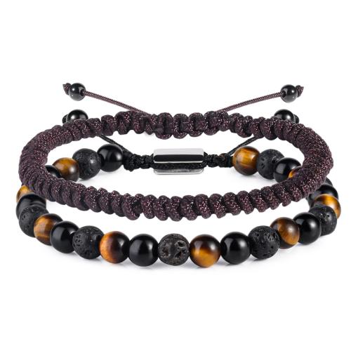 pierre gemme Set de bracelet, avec cordon de polyester, fait à la main, Double couche & différents matériaux pour le choix & unisexe, beads length 6mm, Longueur:Environ 7-10 pouce, Vendu par fixé