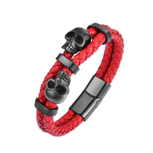 PU Leather Bracelet, with 304 Stainless Steel, Skull, handmade, fashion jewelry & for man, more colors for choice, Length:Approx 7-9 Inch, Sold By PC