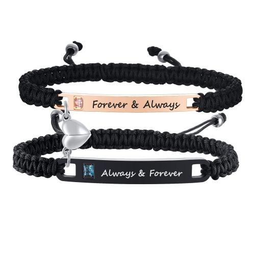 304 Stainless Steel Bracelet Set, with Polyester Cord, plated, different styles for choice & with letter pattern & for couple & with rhinestone, Length:Approx 6-10 Inch, Sold By Set