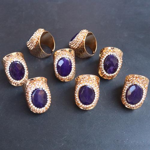 Natural Quartz Finger Ring, Brass, with Amethyst, gold color plated, for woman & with rhinestone, purple, nickel, lead & cadmium free, inner diameter:17~20mm, Sold By PC