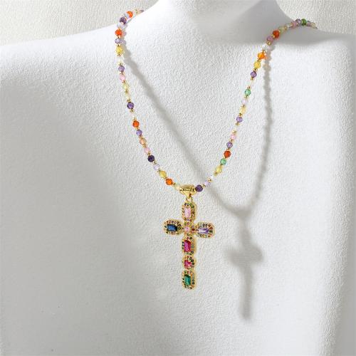 Collier en laiton cubique Zircon Micro Pave, avec plastique, croix, Placage de couleur d'or, pavé de micro zircon & pour femme, multicolore, protéger l'environnement, sans nickel, plomb et cadmium, Vendu par PC