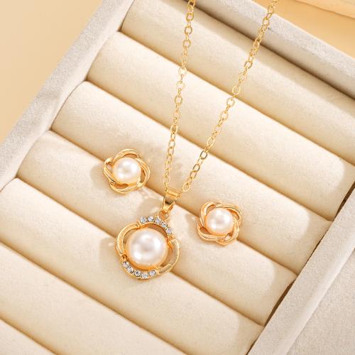 Tibetan Style Jewelry Sets, Stud Earring & necklace, with Plastic Pearl, plated, 2 pieces & for woman & with rhinestone, more colors for choice, Sold By Set