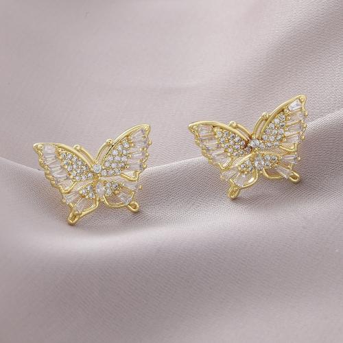 Boucles d'oreilles en laiton zircon cubique pavent, avec zircon cubique, papillon, Placage de couleur d'or, bijoux de mode & pour femme & creux, Vendu par paire