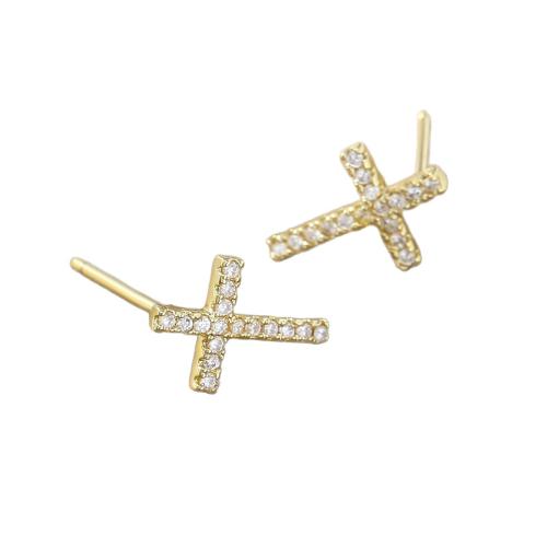 Boucles d'oreilles en laiton zircon cubique pavent, croix, Placage de couleur d'or, bijoux de mode & pavé de micro zircon & pour femme, Vendu par paire