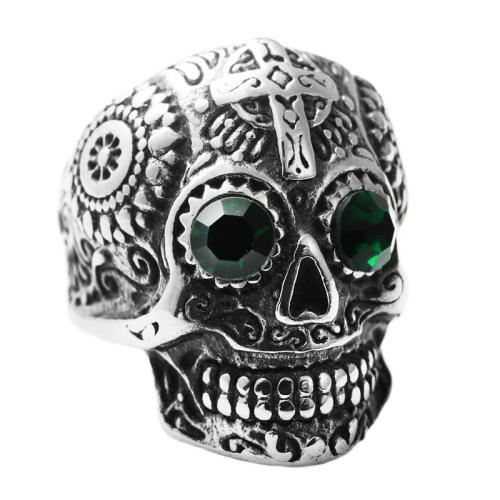 Rhinestone Stainless Steel Finger Ring, 316 Stainless Steel, Skull, polished, different size for choice & for man & with rhinestone, silver color, Sold By PC