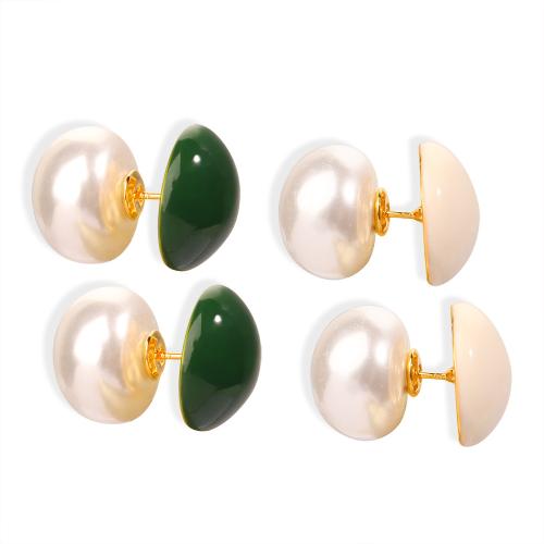 Brass Stud Earring, with Plastic Pearl, gold color plated, fashion jewelry & for woman & enamel, more colors for choice, Sold By Pair