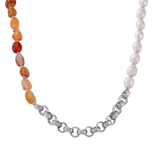 Natural Freshwater Pearl Necklace, Titanium Steel, with Natural Stone & Freshwater Pearl, handmade, fashion jewelry & for woman, original color, Length:Approx 45 cm, Sold By PC