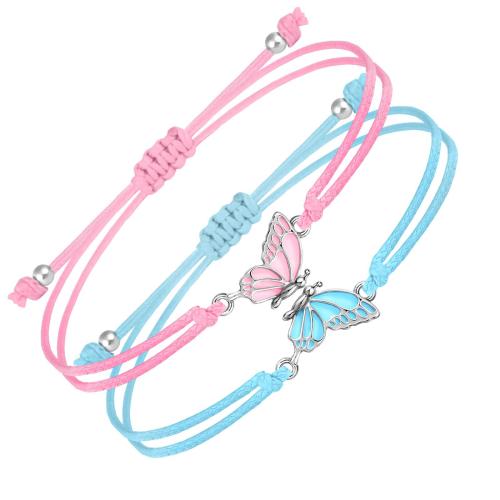 aleación de zinc Pulsera de pareja, con Cuentas de vidrio & Cordón de cera, Mariposa, hecho a mano, diferentes estilos para la opción & para la pareja & esmalte, longitud:aproximado 6-11 Inch, Vendido por Set