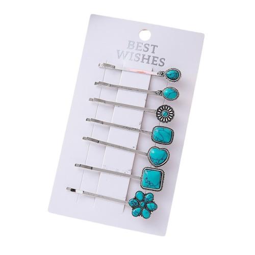 Tibetan Style Hair Slide, with turquoise, plated, fashion jewelry & for woman, more colors for choice, 50x10mm, Sold By Set