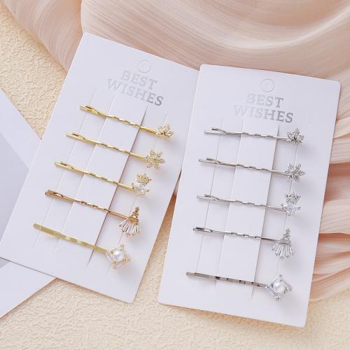 Tibetan Style Hair Slide, with Plastic Pearl, plated, fashion jewelry & micro pave cubic zirconia & for woman, more colors for choice, 50x20mm, Sold By Set