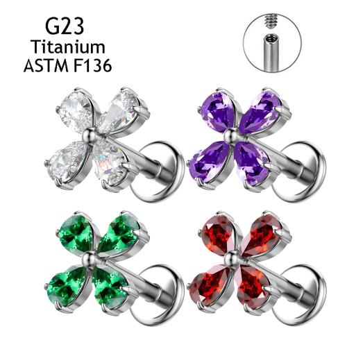 Titanium Alloy Piercing Earring, Four Leaf Clover, Unisex & different size for choice & micro pave cubic zirconia, more colors for choice, Sold By PC