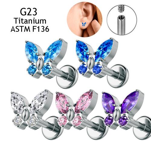 Titanium Alloy Piercing Earring, Butterfly, Unisex & different size for choice & micro pave cubic zirconia, more colors for choice, Sold By PC